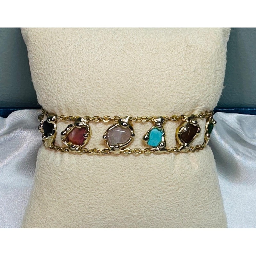Vintage Gold Plated Multi Stone Nugget Link Bracelet 6" Petite Boho Estate